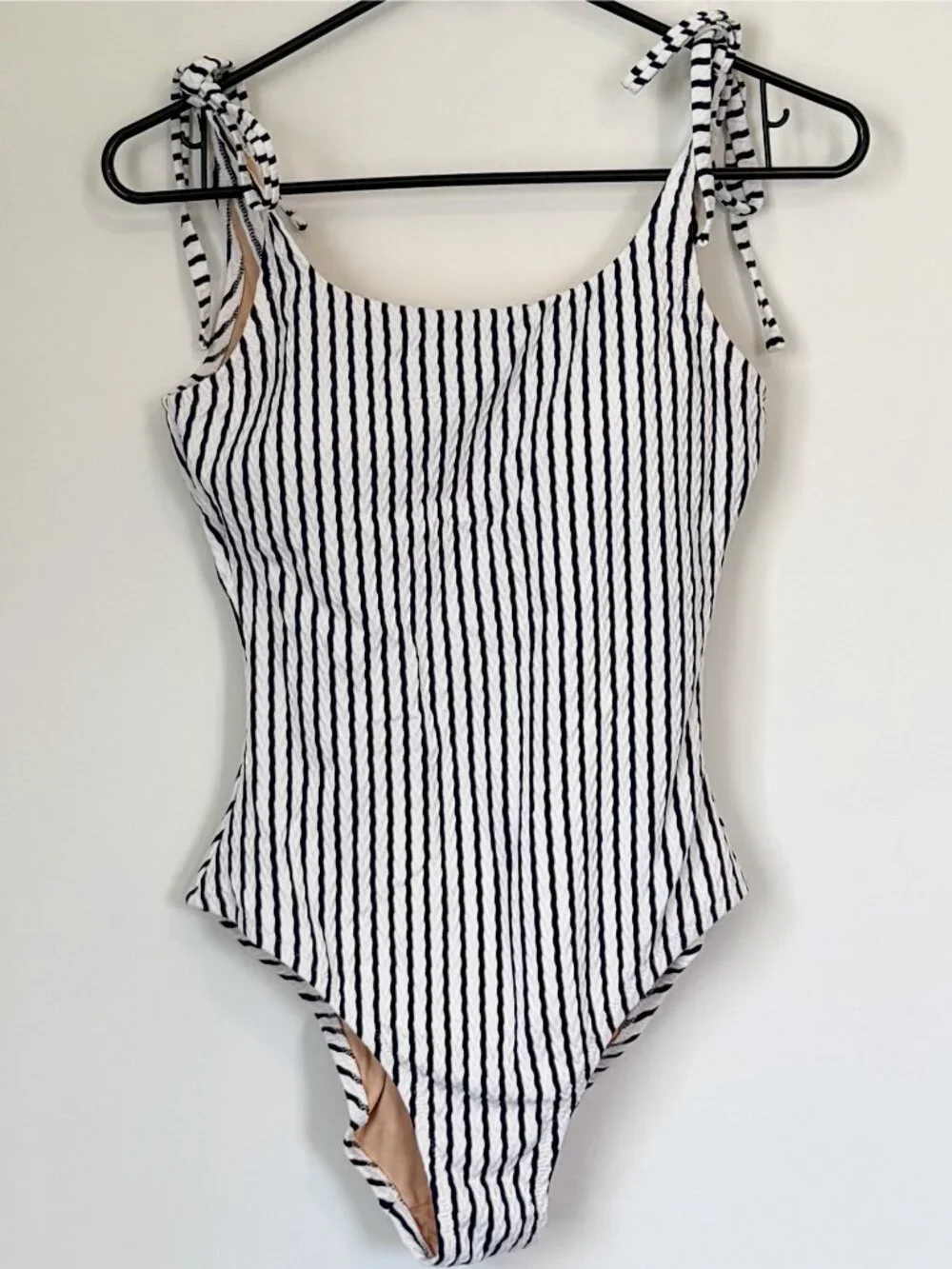 NWT J. Crew Navy/White Striped Ribbed Tie-Shoulder One Piece Swimsuit Small
